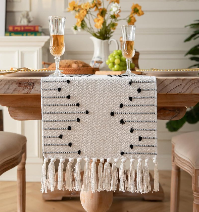 Caflife Boho Table Runner 13 x 48 Inch Long Natural Cotton Woven Runner with Tassels for Home Dining Table décor, for Modern Farmhouse Decor Coffee Table Runner, Black and Beige - Image 1
