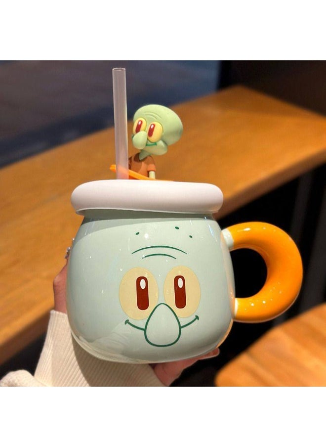 SpongeBob SquarePants and Squidward Tentacles Porcelain Mug with Silicone Lid + Straw (1 Piece)