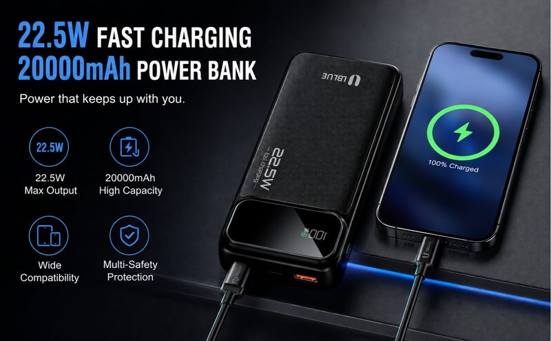 يوبلو شاحن محمول UBLUE بسعة 20000 مللي أمبير، مزود بمنفذ USB-C ومنفذي USB-A، بطارية عالية السعة لأجهزة iPhone وSamsung Galaxy وiPad وAirPods، أسود - Image 4