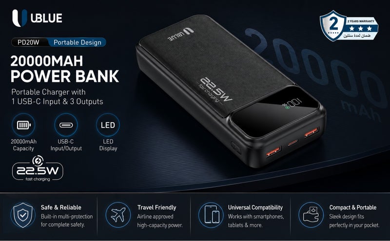 يوبلو شاحن محمول UBLUE بسعة 20000 مللي أمبير، مزود بمنفذ USB-C ومنفذي USB-A، بطارية عالية السعة لأجهزة iPhone وSamsung Galaxy وiPad وAirPods، أسود - Image 5