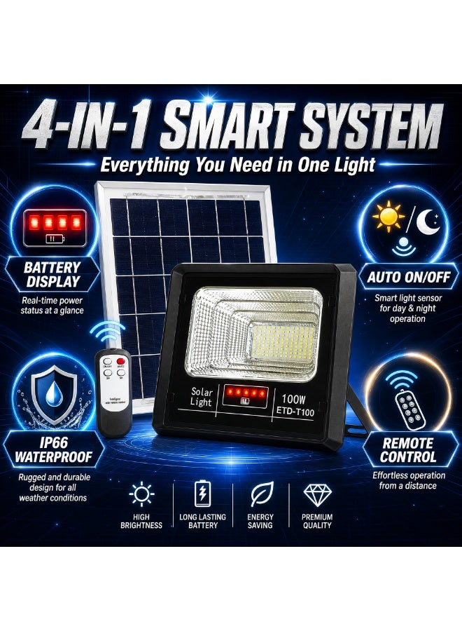 100W Solar Flood Light Outdoor with Battery Display - Ultra Bright LED Security Light, IP66 Waterproof, Dusk to Dawn Auto On/Off, Solar Powered for Yard Garden Garage Patio - Image 2