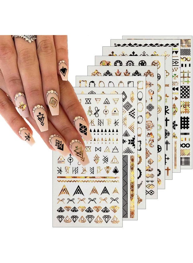 winthrop 8 Sheets Geometric Nail Art Stickers Black Gold Geometry Triangular Rhombus Minimalist 3D Design Selfadhesive Nail Art Decals Diy Manicure Decoration Supplies Accessories For Women Girls - Image 1