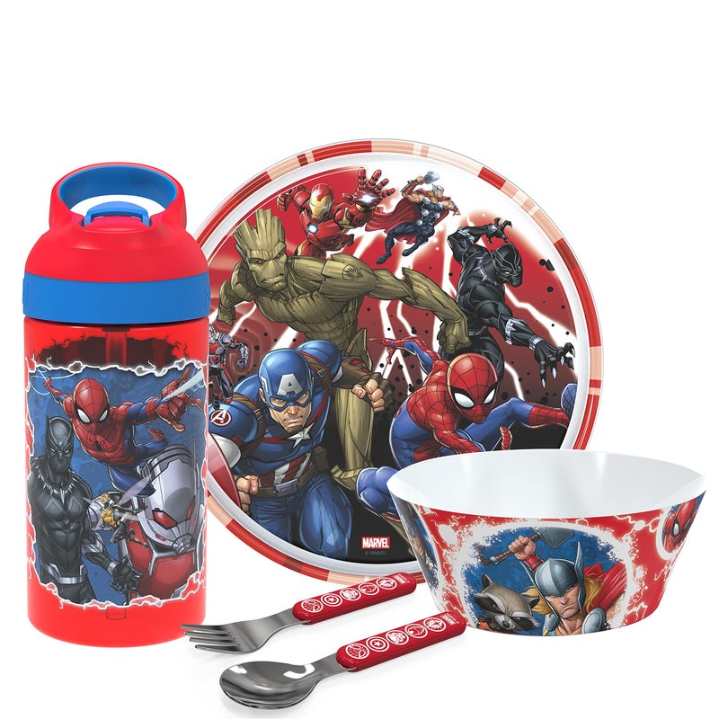 Zak Designs Zak Designs 5Piece Dinnerware Set Marvel Universe Durable Plastic Stainless Steel Includes Water Bottle 8Inch Plate 6Inch Bowl Fork Spoon Suitable for Kids Ages 3 