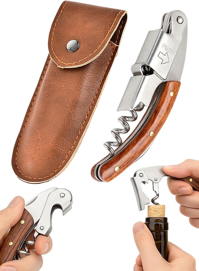 فتاحة نبيذ احترافية من الفولاذ المقاوم للصدأ مع حقيبة جلدية ومقبض مريح، ومفتاح متين، وآلية رافعة سهلة، وتصميم أنيق لفتح الزجاجة بدون جهد في المنزل والحفلات والحانات - Image 1