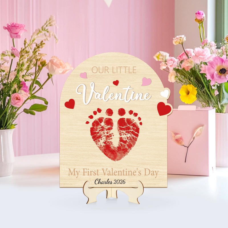 Sereliy Baby's First Valentine's Day DIY Footprint Art Card, Our Little Valentine Wood Sign Milestone Keepsake Ornaments for Baby Shower Newborn Photoshoot Prop (Word) - Image 2