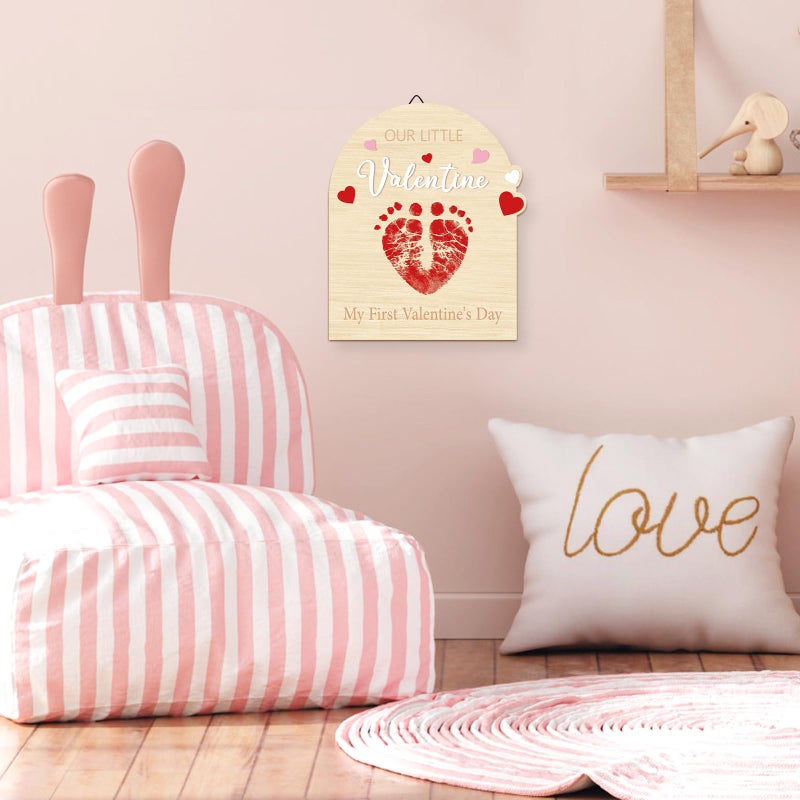 Sereliy Baby's First Valentine's Day DIY Footprint Art Card, Our Little Valentine Wood Sign Milestone Keepsake Ornaments for Baby Shower Newborn Photoshoot Prop (Word) - Image 5