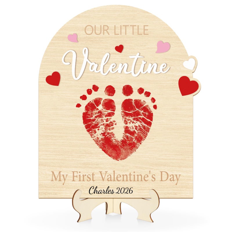 Sereliy Baby's First Valentine's Day DIY Footprint Art Card, Our Little Valentine Wood Sign Milestone Keepsake Ornaments for Baby Shower Newborn Photoshoot Prop (Word) - Image 1