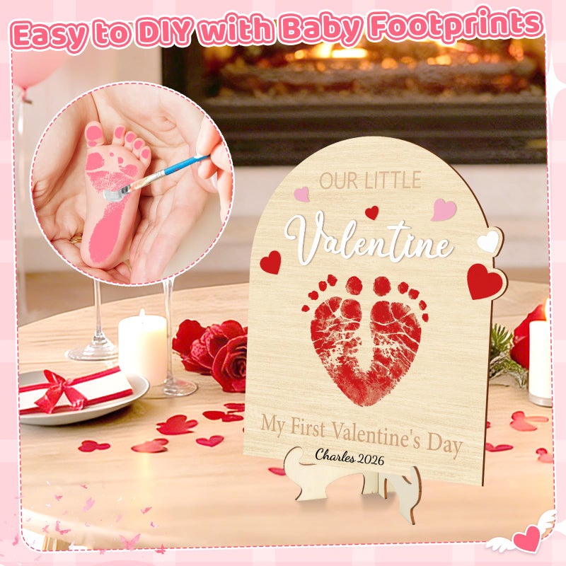 Sereliy Baby's First Valentine's Day DIY Footprint Art Card, Our Little Valentine Wood Sign Milestone Keepsake Ornaments for Baby Shower Newborn Photoshoot Prop (Word) - Image 4
