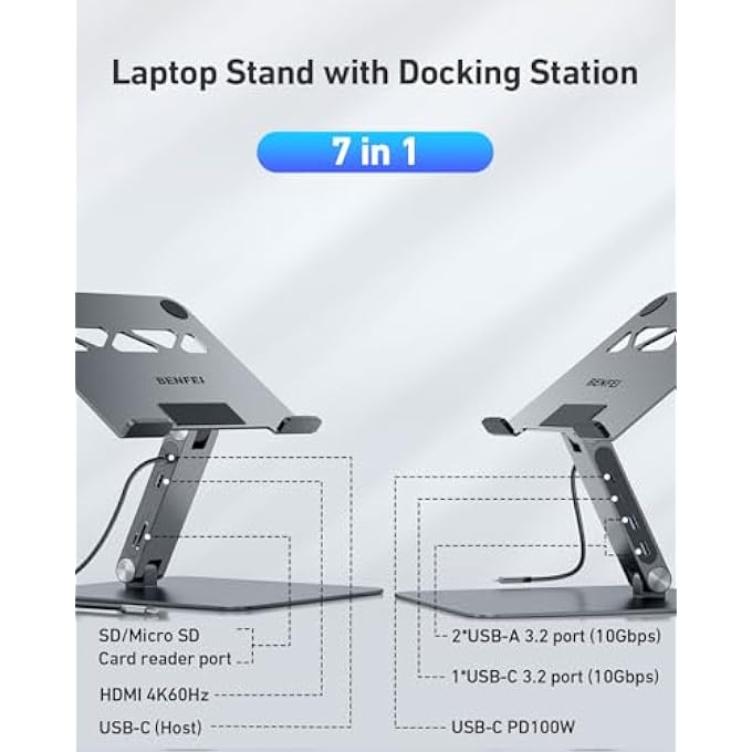 Benfei LAPTOP STAND WITH USB C 7IN1 DOCKING STATION,HDMI 4K@60HZ,1*SD 1*MICRO SD,100W POWER DELIVERY,10GBPS 1*USB C 3.2 AND 2*USB A 3.2 COMPATIBLE WITH MACBOOK PRO/AIR, IPAD PRO, XPS, THINKPAD - Image 2