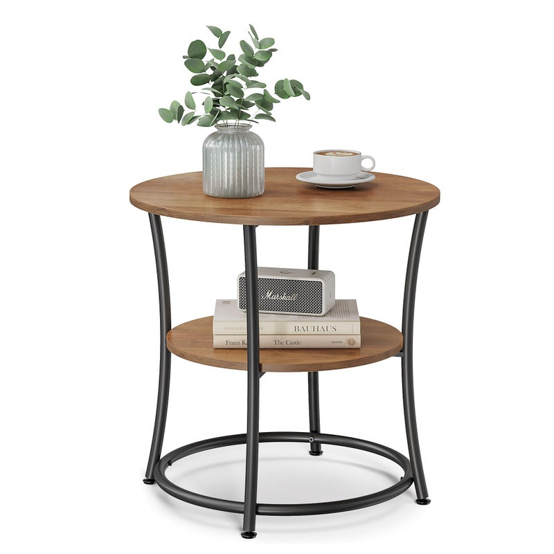 VASAGLE Side Table 2Tier Round End Table Nightstand with Steel Frame for Small Spaces Living Room Bedroom Honey Brown and Ink Black