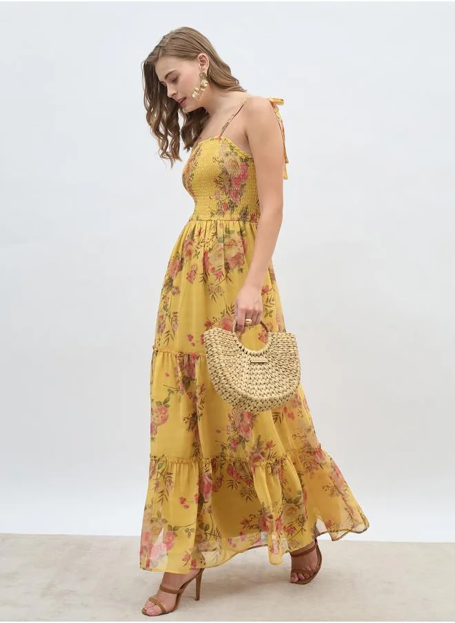 ستايلي Styli Tie Strap Floral Tiered Maxi Dress