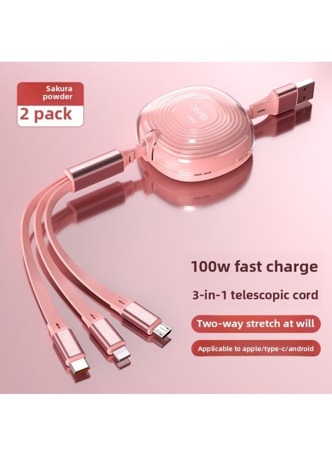 [100W Super Fast Charge] Three-in-One Data Cable Telescopic One-to-Three Charger Cable Applicable To For Apple For Huawei Security-Color:Sakura Pink [100w Super Fast Charge] 99% Full In 28 Minutes◆Upgraded Glue Version◆2 Pack