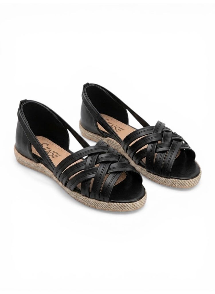 لايف ستيلاش  صندل مسطح من الجلد مع أحزمة SF-57 - أسود - Image 2