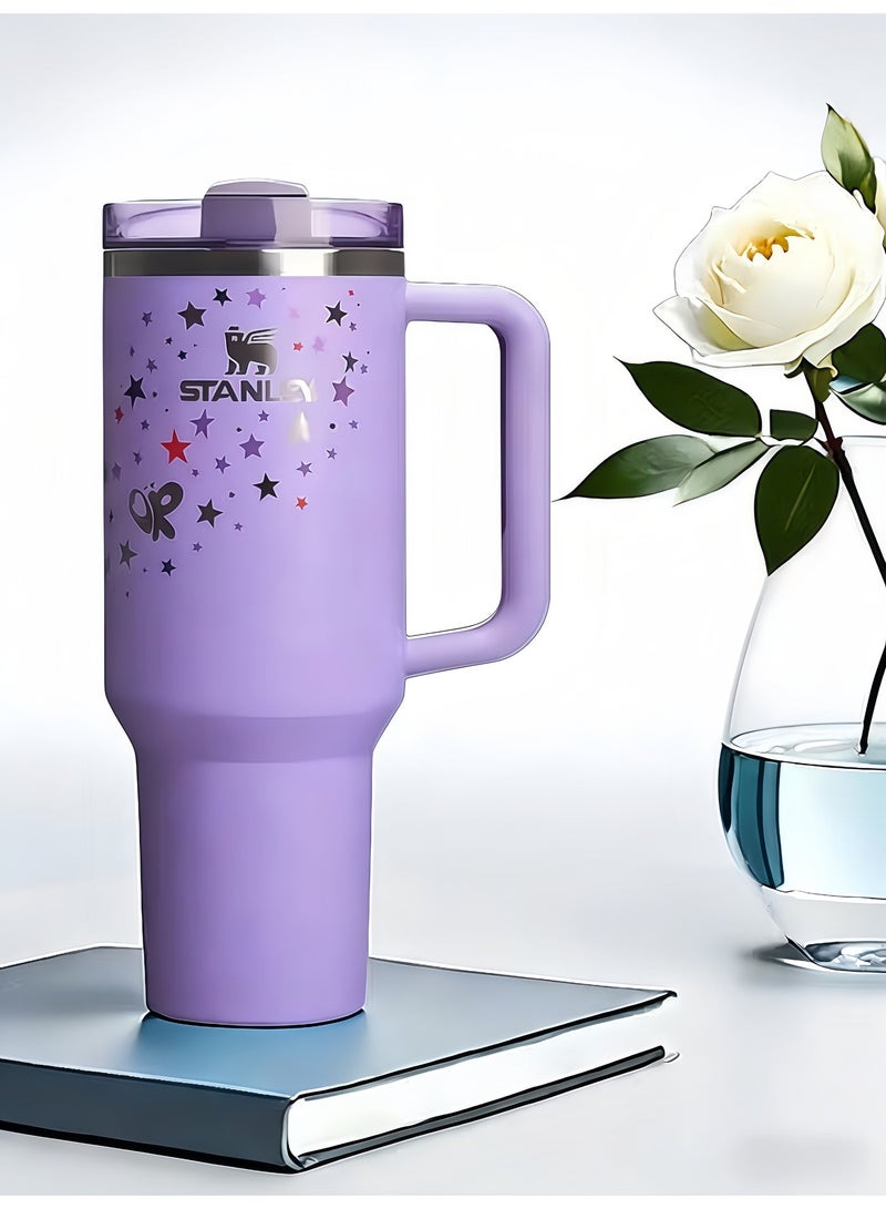 Stanley Stainless Steel Vacuum Insulated Tumbler with Lid and Straw for Water, Iced Tea or Coffee, Smoothie and More, 40Ounce Stainless Steel,Purple With Star - Image 1