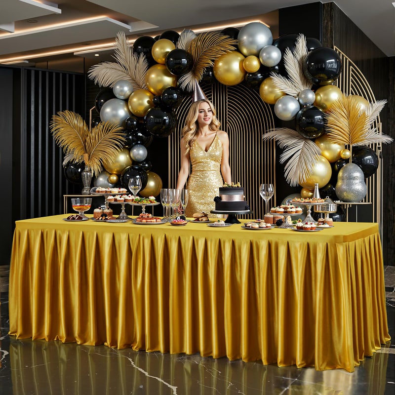 PARTISKY Gold Satin Tablecloths Rectangle 4FT, Glitter Fitted Stretch Table Covers Wrinkle-Resistant Floor Length Shimmer Pleated Table Skirt for Weddings Parties Baby Shower Banquets Vendor Events - Image 5