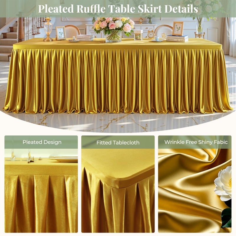PARTISKY Gold Satin Tablecloths Rectangle 4FT, Glitter Fitted Stretch Table Covers Wrinkle-Resistant Floor Length Shimmer Pleated Table Skirt for Weddings Parties Baby Shower Banquets Vendor Events - Image 2