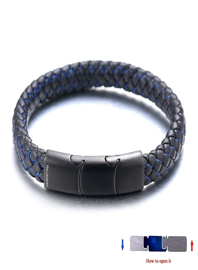 Halukakah Kids ● Jazz Junior ● Boy's Genuine Leather Handmade Braid Black Mix Blue Bracelet 13-16 Y/O. Titanium Magnetic Matt Clasp Size Adjustable 7"-7.7"(18-19.5cm) with Free Giftbox - Image 4