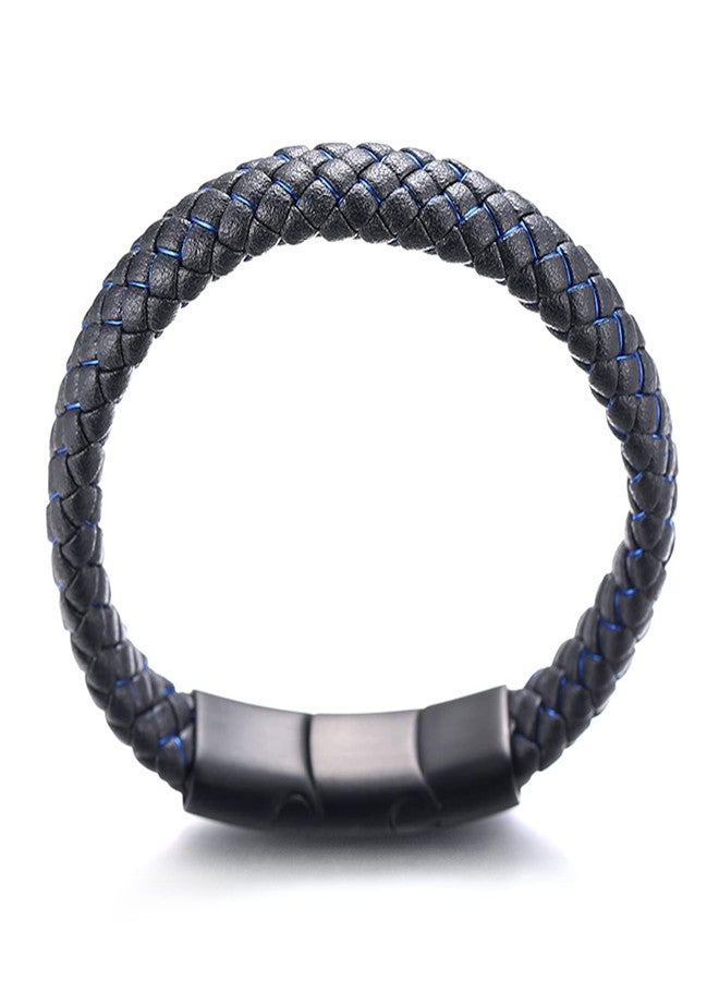 Halukakah Kids ● Jazz Junior ● Boy's Genuine Leather Handmade Braid Black Mix Blue Bracelet 13-16 Y/O. Titanium Magnetic Matt Clasp Size Adjustable 7"-7.7"(18-19.5cm) with Free Giftbox - Image 5