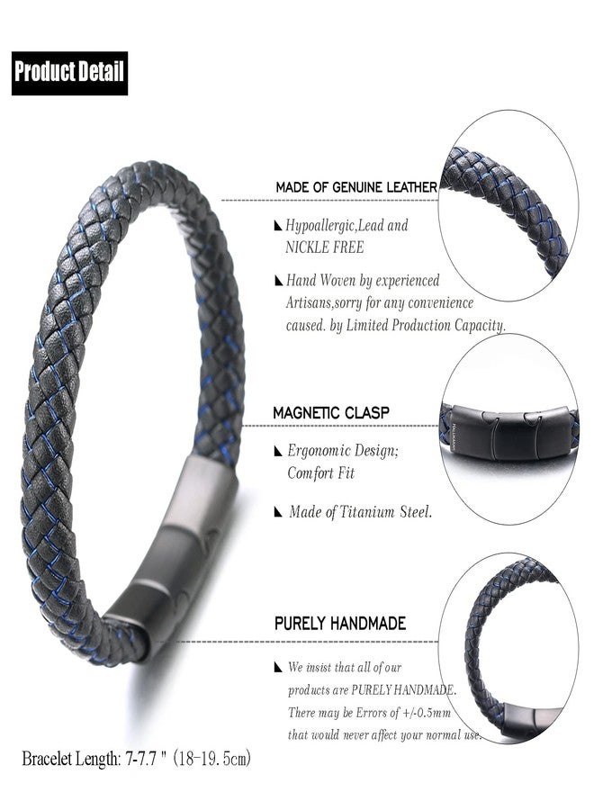Halukakah Kids ● Jazz Junior ● Boy's Genuine Leather Handmade Braid Black Mix Blue Bracelet 13-16 Y/O. Titanium Magnetic Matt Clasp Size Adjustable 7"-7.7"(18-19.5cm) with Free Giftbox - Image 2