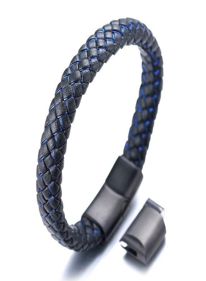 Halukakah Kids ● Jazz Junior ● Boy's Genuine Leather Handmade Braid Black Mix Blue Bracelet 13-16 Y/O. Titanium Magnetic Matt Clasp Size Adjustable 7"-7.7"(18-19.5cm) with Free Giftbox - Image 1