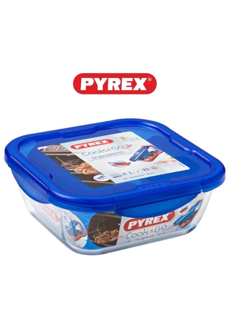 Pyrex Cook&Go 0.8L Square Storage Dish with Airtight Lid - Versatile Freezer-to-Oven Solution Blue 800ml - Image 1