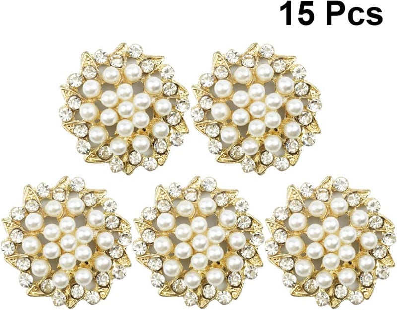 كلاراكو أزرار لؤلؤ من كلاركو، 15 قطعة، أزرار مرصعة بأحجار الراين، أزرار مسطحة الظهر على شكل زهرة لؤلؤية، قلادات بروش لصنع المجوهرات، لوازم حفلات الزفاف، أحجار الراين الذهبية واللؤلؤية - Image 2