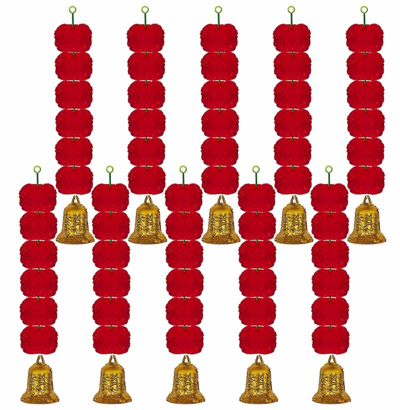 iHandikart iHandikart Marigold Garland Artificial Super Mini 6 Genda Fool with Bell in The Bottom Used for Diwali DecorationDiwali GiftHome Decoration Color Red Pack of 10 3360710  - Image 1