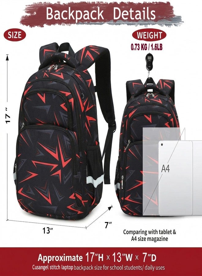 Cusangel School Backpack for Girls Boys Grade 3-9 - 16 Inch Large Capacity Bookbag for High School Students - Water Resistant Polyester Laptop Backpack Fits 15.6 Inch Computer(Black&Red) - Image 4