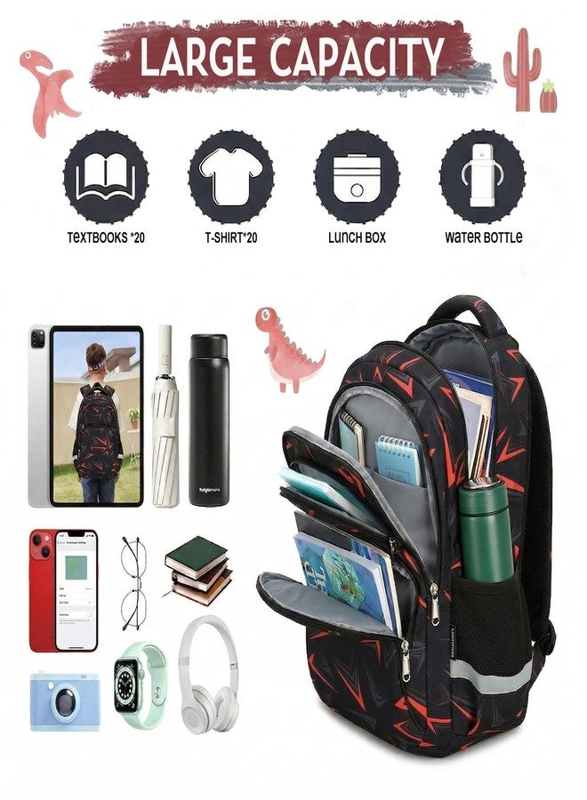 Cusangel School Backpack for Girls Boys Grade 3-9 - 16 Inch Large Capacity Bookbag for High School Students - Water Resistant Polyester Laptop Backpack Fits 15.6 Inch Computer(Black&Red) - Image 3