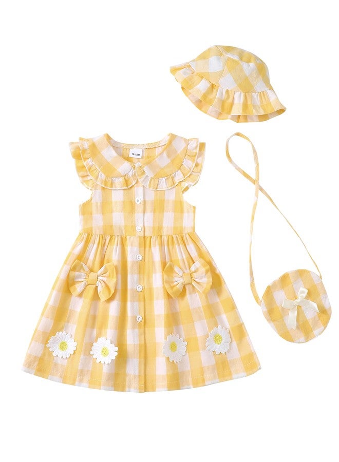 SODLON Toddler Girl Dresses 18 24 Months Baby Summer Ruffle Sleeveless Peter Pan Collar Bowknot Dresses Infant Sundress with Hat & Bag Cute Birthday Gifts Casual Outfits Yellow Plaid - Image 1