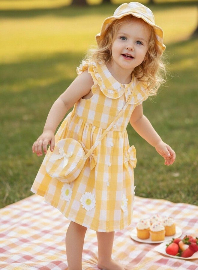 SODLON Toddler Girl Dresses 18 24 Months Baby Summer Ruffle Sleeveless Peter Pan Collar Bowknot Dresses Infant Sundress with Hat & Bag Cute Birthday Gifts Casual Outfits Yellow Plaid - Image 2