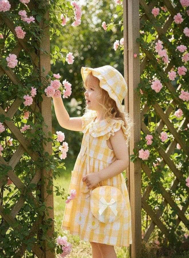 SODLON Toddler Girl Dresses 18 24 Months Baby Summer Ruffle Sleeveless Peter Pan Collar Bowknot Dresses Infant Sundress with Hat & Bag Cute Birthday Gifts Casual Outfits Yellow Plaid - Image 3