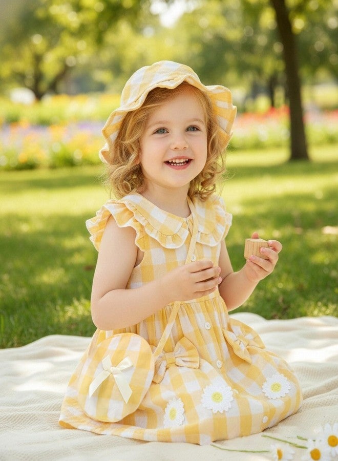 SODLON Toddler Girl Dresses 18 24 Months Baby Summer Ruffle Sleeveless Peter Pan Collar Bowknot Dresses Infant Sundress with Hat & Bag Cute Birthday Gifts Casual Outfits Yellow Plaid - Image 4
