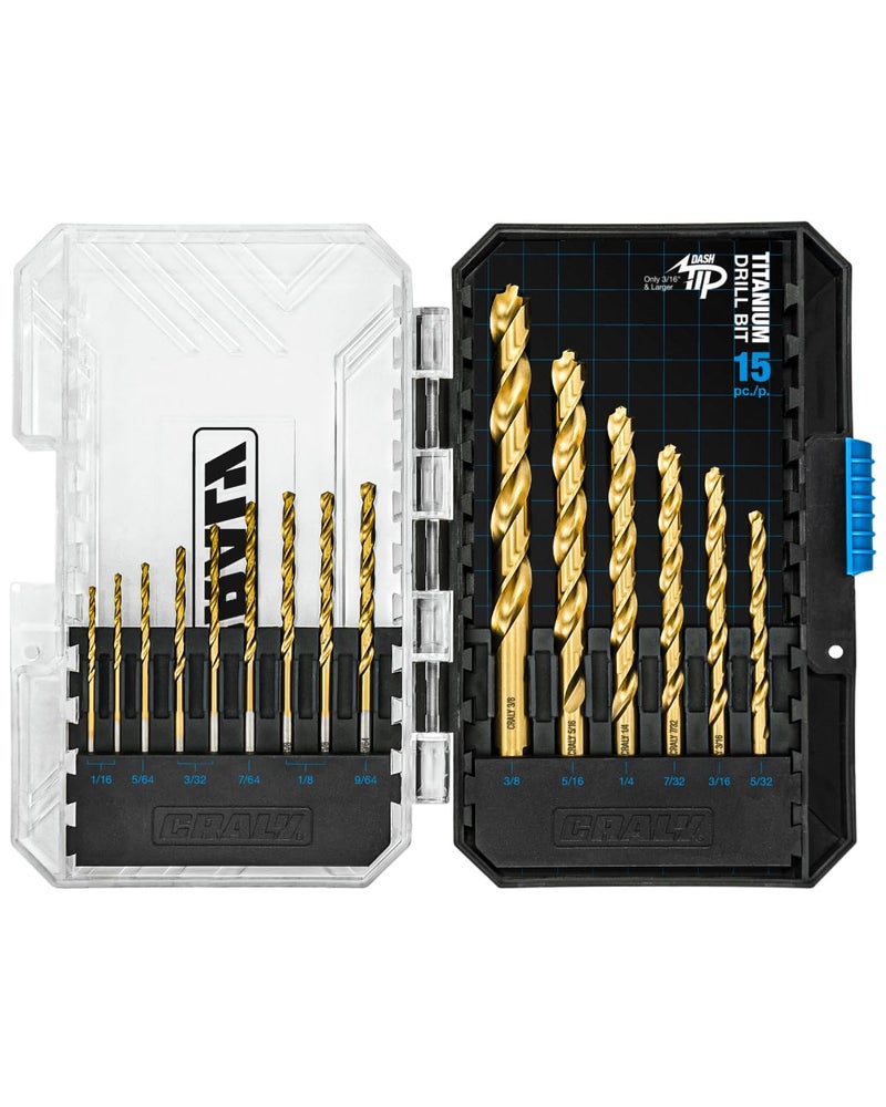 CRALY 15-Piece Cobalt Drill Bit Set, M35 HSS Titanium Coated Jobber Length Twist Drill Bits, Dash Tip & 135 Degree Split Point, 3-Flat Shank, for Hard Metal, Stainless Steel, Cast Iron, Plastic - Image 1