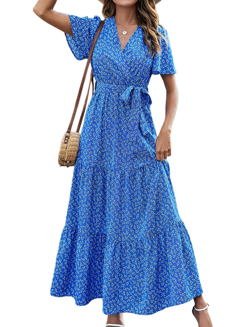 MASCOMODA Womens Summer Boho Maxi Dress Floral Wrap V Neck Flutter Short Sleeve Tie Waist A Line Tiered Flowy Long Dresses(Royal Blue,X-Large) - Image 1