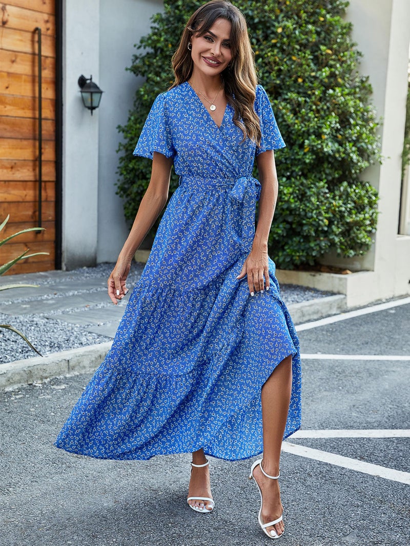MASCOMODA Womens Summer Boho Maxi Dress Floral Wrap V Neck Flutter Short Sleeve Tie Waist A Line Tiered Flowy Long Dresses(Royal Blue,X-Large) - Image 3