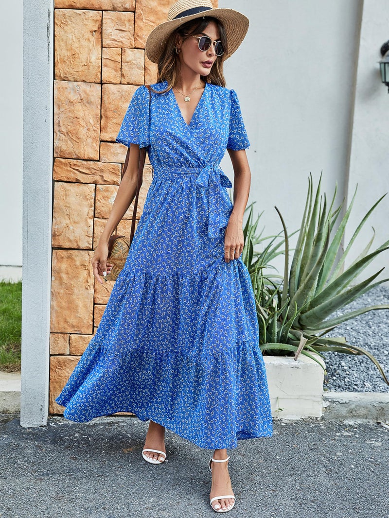 MASCOMODA Womens Summer Boho Maxi Dress Floral Wrap V Neck Flutter Short Sleeve Tie Waist A Line Tiered Flowy Long Dresses(Royal Blue,X-Large) - Image 5