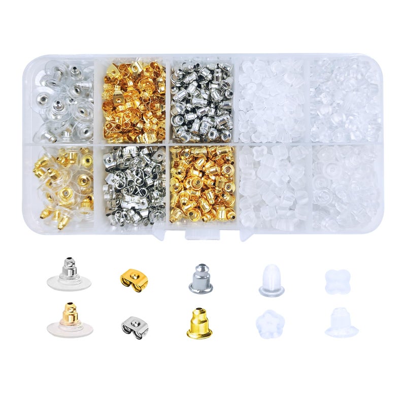 Vivixin 1080pcs Earring Backs Safety Back Pads backstops Stopper Clear Rubber Bullet Shape Butterfly Plastic Secure Earring kit 10styles