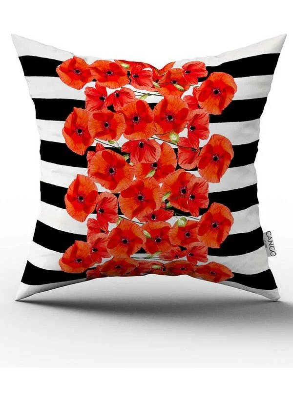 Cango Home Double Sided Red Black Striped Floral Patterned Digital Printed Throw Pillow Cover CGH1072