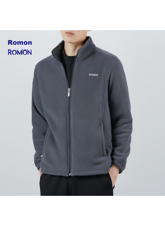 ROMON Men'S Jacket, Autumn And Winter Trendy, Simple And Minimalist Stand-Up Collar, Wrinkle-Resistant Fleece, Men'S Fleece Coat, A1 Gray, 5Xl - Image 2
