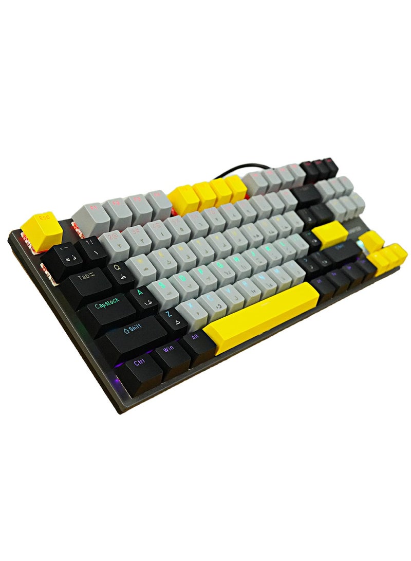 XUNFOX English Arabic Mechanical Gaming Keyboard with RGB Backlit, USB Wired 87 Keys Blue Switch Keyboard for Windows PC Gamers Black Yellow - Image 3