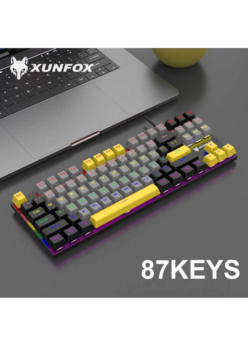 XUNFOX English Arabic Mechanical Gaming Keyboard with RGB Backlit, USB Wired 87 Keys Blue Switch Keyboard for Windows PC Gamers Black Yellow - Image 2