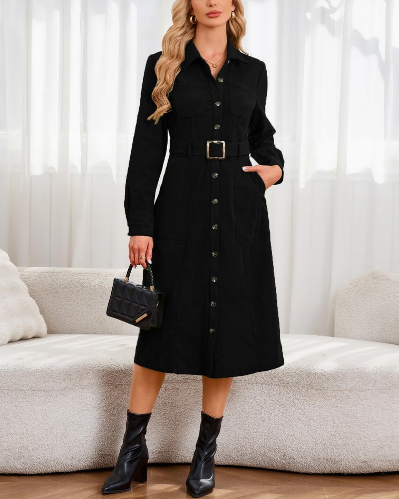 YEXPINE Women's Corduroy Midi Dress Long Sleeve Belted Button Down Shirt Long Dress with Pockets Black - Image 5
