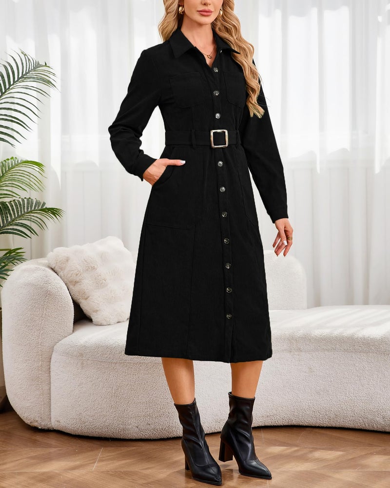 YEXPINE Women's Corduroy Midi Dress Long Sleeve Belted Button Down Shirt Long Dress with Pockets Black - Image 2