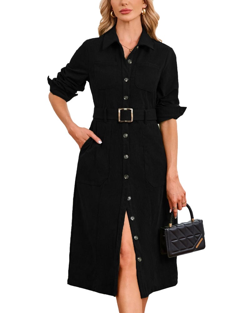 YEXPINE Women's Corduroy Midi Dress Long Sleeve Belted Button Down Shirt Long Dress with Pockets Black - Image 1