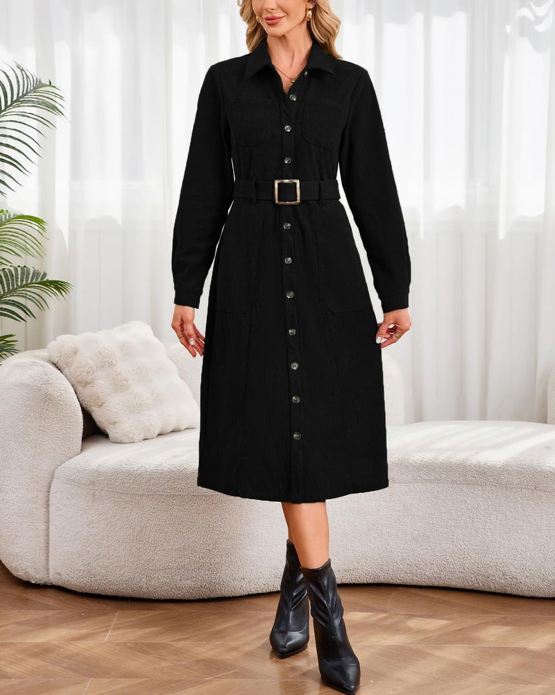 YEXPINE Women's Corduroy Midi Dress Long Sleeve Belted Button Down Shirt Long Dress with Pockets Black - Image 4