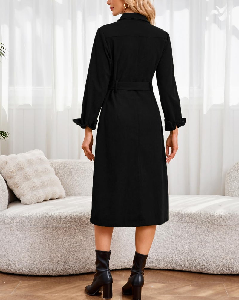 YEXPINE Women's Corduroy Midi Dress Long Sleeve Belted Button Down Shirt Long Dress with Pockets Black - Image 3