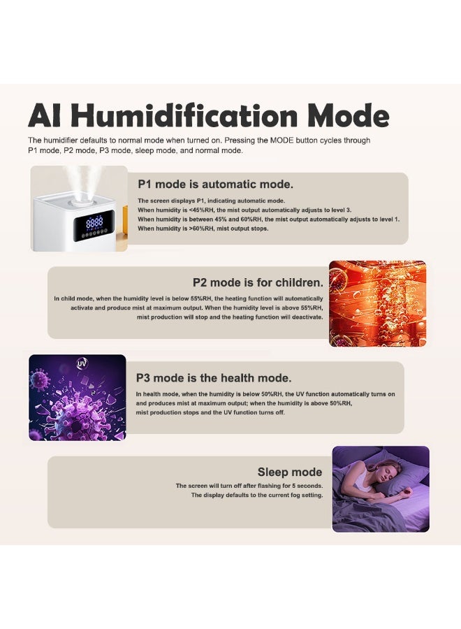 ET-LIFE Air Humidifier -  Cool/Warm Mist Humidifier, Large 6L Capacity, Rooms up to 50 m², 400 ml/h Humidification Rate, Aroma Tray for Oils, UV Sterilization- HX-03 White - Image 5