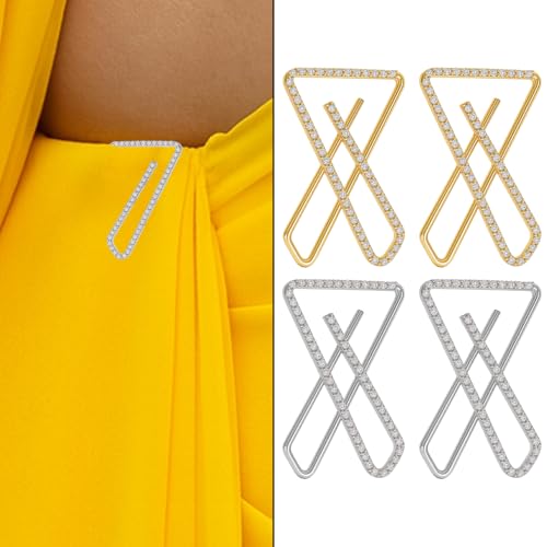 VAMA FASHIONS 4 Pcs Silver & Gold Brooch Rhinestone Cross X Design Clip On Brooch Pins Saree Dupatta Scarfs Hijab Pins Pallu Pleats Holder Sari Clip For Women & Girls - Image 2