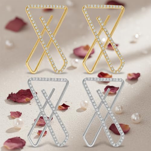 VAMA FASHIONS 4 Pcs Silver & Gold Brooch Rhinestone Cross X Design Clip On Brooch Pins Saree Dupatta Scarfs Hijab Pins Pallu Pleats Holder Sari Clip For Women & Girls - Image 4